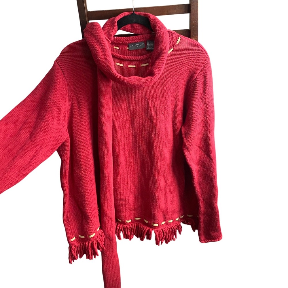 Vintage Y2K Chunky Knit Crew Neck Stitch Red Sweater Fringe Scarf 2X Cozy Winter